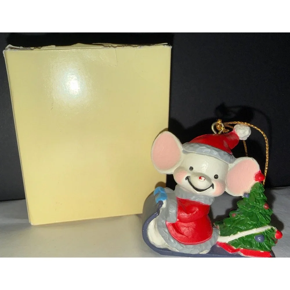 Vintage Holiday‎ Memories Christmas Ornaments Small Red White Mouse Sledding